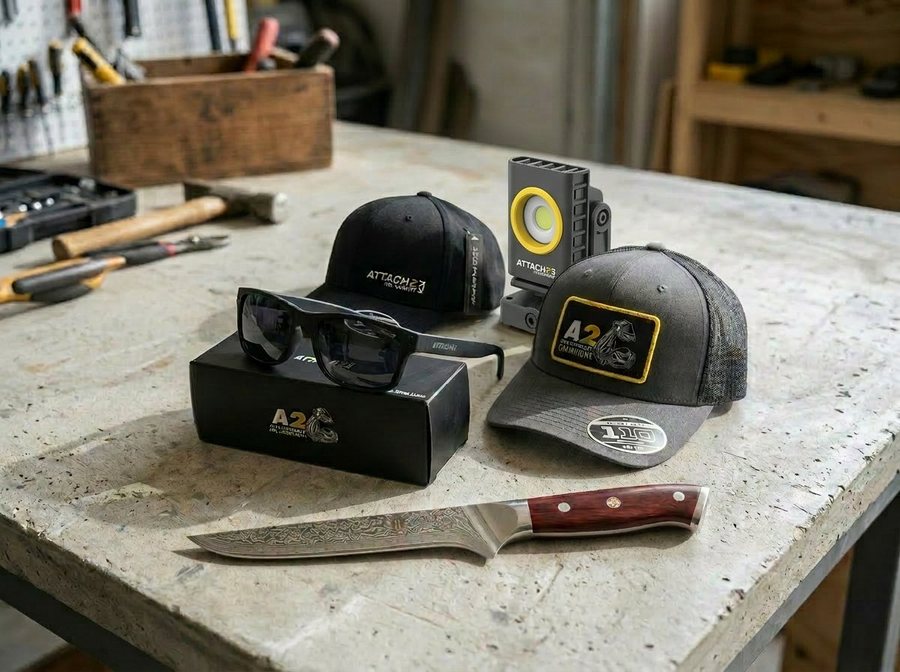 Attach2 branded caps, sunglasses, work light and knife